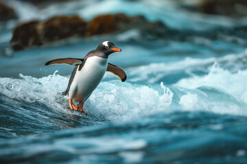 Photo of A penguin surfing on a wave