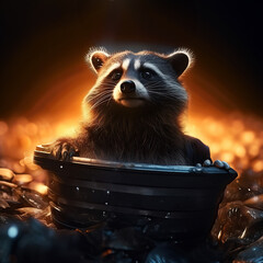 A raccoon floats in a trash can lid turned UFO, hovering over an alley in search of treasures