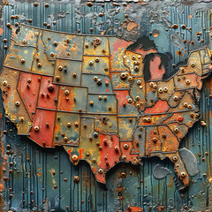 A map of the United States with many small dots on it. The map is made of metal and has a rustic...