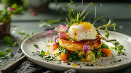 Elegant irish breakfast with poached egg and potato cake - obrazy, fototapety, plakaty