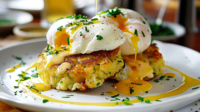 Traditional irish boxty with poached eggs