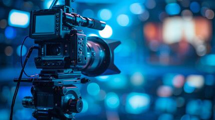 A high-tech video camera with a digital display zooms in on an interview, set against a blurred studio background, highlighting the intricate processes in television and movie production.
