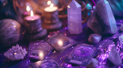 Magie fantaisiste : des cartes de tarot et des cristaux violets dévoilés sur une mystérieuse surface violette, au milieu d'un fond rose