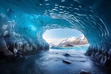 Foto auf Acrylglas a blue ice cave with snow covered mountains and blue sky © Pavel22