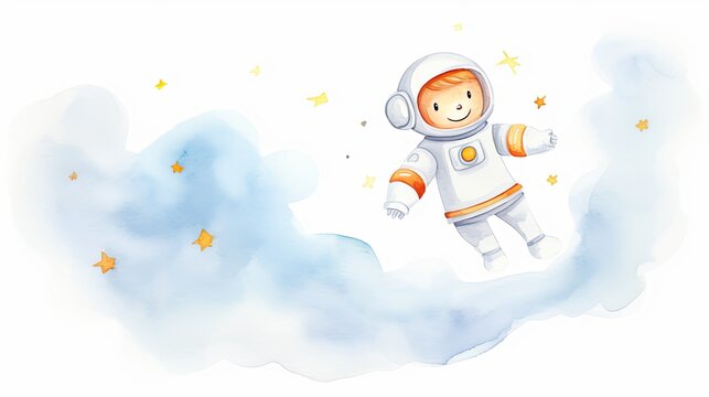 Astronaut robot creates a hologram of the galaxy, shot from the side, focusing on awe, children book watercolor clipart