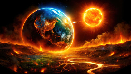 A fiery planet with a sun in the background. The sun is in the middle of the planet and is surrounded by a lot of fire