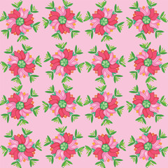 vector, seamless geometric pattern of mandala composition dark pink tulip and green leaves on pink background. Folk style. For summer women dresses, dining, home decor, wrapping paper.