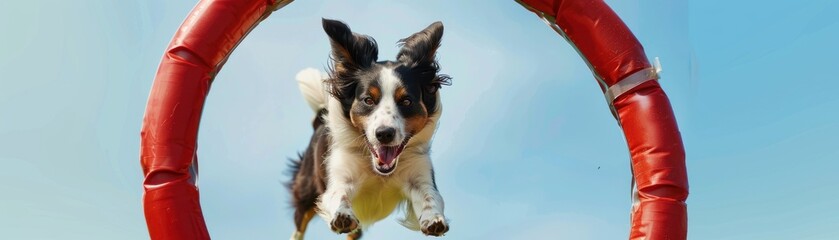 dog jumping through hoop, action shot, clear sky background, sharp, bright colors , hyper realistic