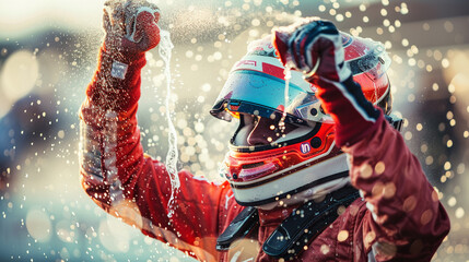 A jubilant race car driver celebrates a hard-won victory at the Grand Prix, spraying champagne exuberantly, encapsulating the thrill and triumph of the moment. - obrazy, fototapety, plakaty