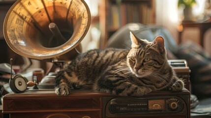Cat lounging next to a vintage phonograph, warm light, classic feel, relaxed pose , advertise photo