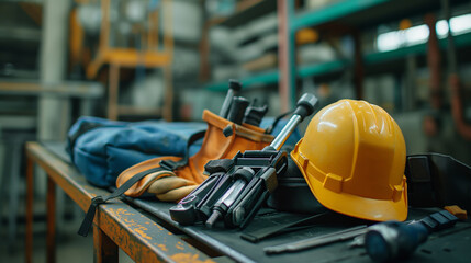 Professional Worker's Helmet, Gloves, and Equipment on Workbench in Industrial Setting