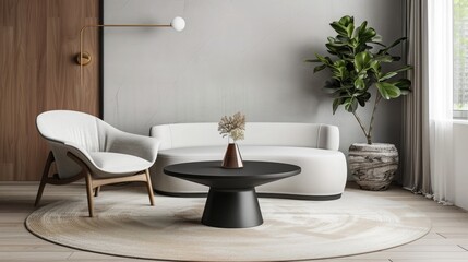 Black table on round rug between chair and beige settee in modern living room interior with ficus