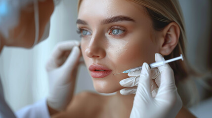 closeup portrait of young beautiful caucasian woman getting hyaluronic acid injection on cheek and nose, cosmetic procedure