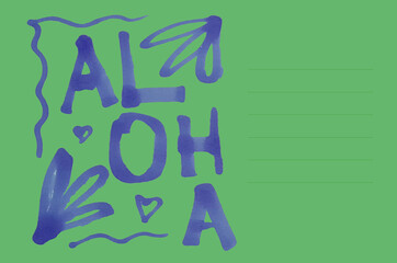 Aloha Hawaii hand-drawn lettering and tropical floral elements. Horizontal. Space for text. Aloha. Hawaiian language greeting. © Yelyzaveta