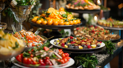 Obraz premium A lavish spread of catering food on display, showcasing a variety of cuisine and culinary delights, perfect for a buffet dinner or a celebratory dining event,