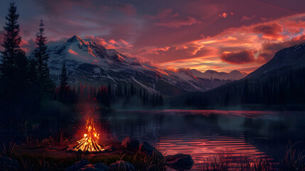 Feu de camp au crépuscule à couper le souffle : paysage majestueux de lac de montagne avec des sommets enneigés, un ciel multicolore et un feu de camp serein - obrazy, fototapety, plakaty