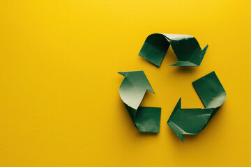 An eco-friendly green recycle symbol, depicted on a vibrant yellow background, signifies sustainability and environmental awareness - obrazy, fototapety, plakaty