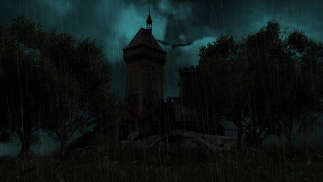 Lightning Storm Castle with Bats 4K Loop features a rainy lightning-filled night with trees blowing in the wind and a silhouetted castle in the background and bats flying toward the viewer in a loop.