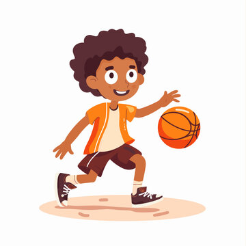 Cute African American little boy playing basketball vector Illustration