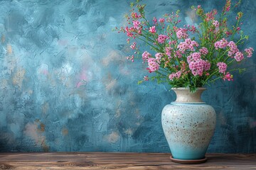 Wooden table with vase with bouquet flowers, blue wall and daylight