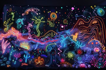 Neon Dreamscape with Mythical Creatures