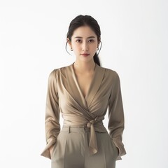 Pretty Young Chinese Woman in Wrap Blouse and Tailored Trousers, looking sophisticated photo on white isolated background