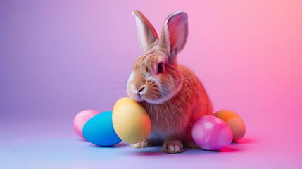 Fototapeta na wymiar Joyeuse célébration de Pâques : un lapin vif et un arc-en-ciel de couleurs avec des œufs festifs