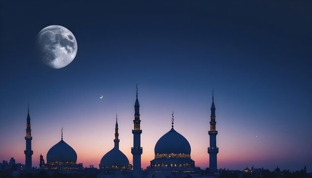 Mosques Dome on dark blue twilight sky and Crescent Moon on background, symbol islamic religion Ramadan and free space for text arabic, Eid al-Adha, Eid al-fitr