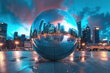 Glowing orb powering advanced society, wide angle, twilight, futuristic cityscape , advertise photo