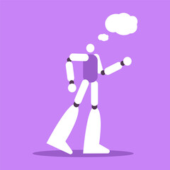 Happy dreamy AI Robot. Cyborg looks to the side with excited interest. Bot dreams, thinks. Flat vector illustration.