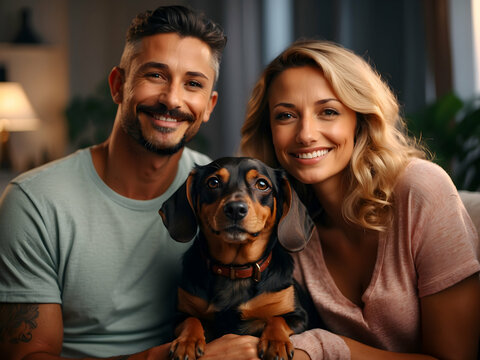 A cheerful couple is pictured with their beloved pet dog, captured in a warm, indoor setting