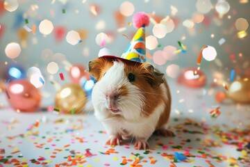 Guinea pig with a party hat, celebratory mood, bright studio lights, front shot, festive , advertise photo