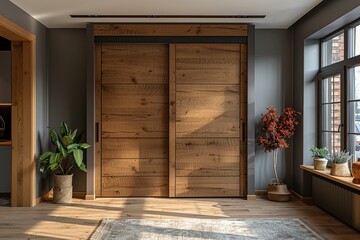 Wooden wardrobe with glossy sliding doors in minimalistic interior
