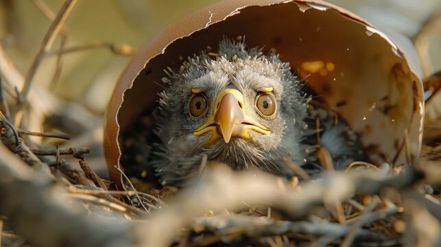 Close-Up Of A Cute Newborn Eaglet Peering From Its Eggshell In A Nest. Detailed Texture Of Feathers And Twigs. Biodiversity, Birdwatching, and Wildlife Themes. AI Generated