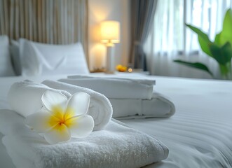 Fototapeta na wymiar Closeup of hotel bed with white towels and frangipani flower, beautiful bedroom interior in the style of a spa, high resolution photography of a stock photo contest winner
