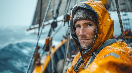 Portrait of a fisherman on an industrial fishing ship in harsh weather