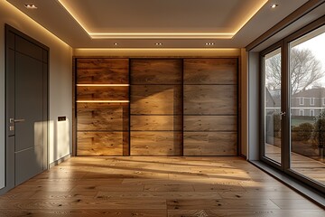 Wooden wardrobe with glossy sliding doors in wooden mountain concept interiro