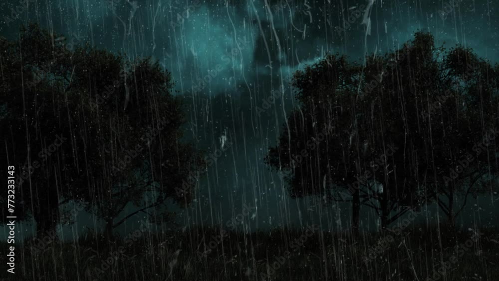 Poster landscape lightning storm through window 4k loop features a rainy lightning-filled night with trees 
