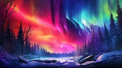 a colorful sky with trees and snow