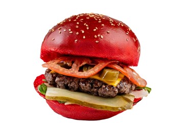 big burger with red bun on white background