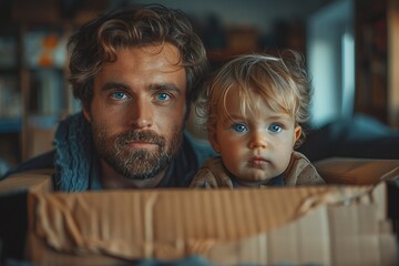 Young father and his toddler inside a cardboard box, moving in concept