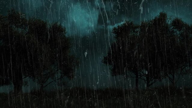 Landscape Lightning Storm Through Window 4K Loop features a rainy lightning-filled night with trees blowing in the wind looking out a window with raindrops running down the pane in a loop.