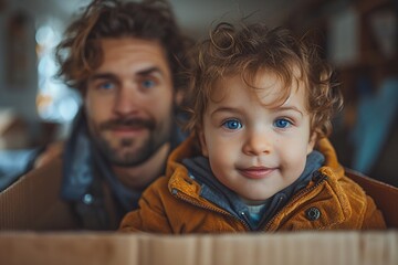 Young father and his toddler inside a cardboard box, moving in concept