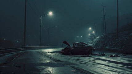A nighttime setting accentuates the severity of a car crash on the road, the eerie quiet contrasting with the chaos of the accident, providing space for impactful copy on road dangers.