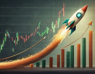 Illustration of a rocket ascending over an upward trending stock market chart, concept for strong bull market with skyrocketing prices