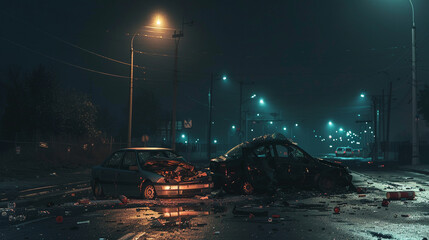A nighttime setting accentuates the severity of a car crash on the road, the eerie quiet contrasting with the chaos of the accident, providing space for impactful copy on road dangers. - obrazy, fototapety, plakaty