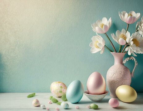 Serene easter-themed still life with painted eggs and white flowers against a blue backdrop
