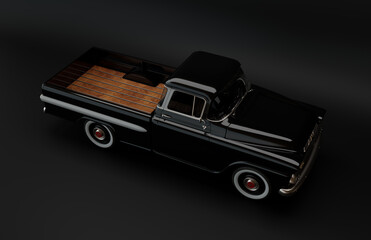 Overhead View of Classic American Pickup Truck. 3D Rendered.