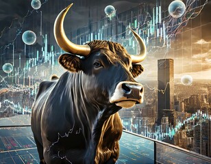 A bull, either planning for new investments or dreaming of financial success, remains oblivious to the numerous bubbles surrounding it