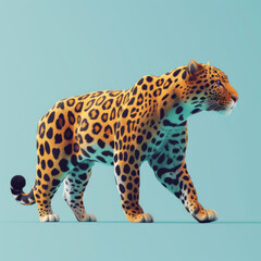 A majestic low poly leopard in mid-stride against a bright blue background, rendered in digital art.